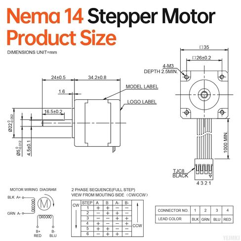 Nema 14 Stepper Motor 35x35mm 20Ncm (28.32oz·in) 1.2A 2.4Ω Bipolar | 35 Stepper Motor High Torque 1.8‌°‌ 2 Phase Shaft 24mm φ5mm 4-Lead Cable 1M for 3D Printer DIY Robot CNC Machine in Kuwait