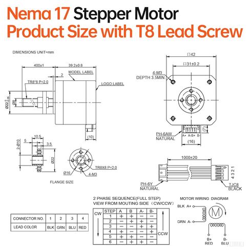 3Pcs Nema 17 Stepper Motor TR8x8 400mm T8 Lead Screw 42x40mm 0.44Nm | 42 Step Motor 62.31oz·in 1.8°‌ 1.7A 1.7Ω High Torque 2 Phase Bipolar 4-Lead Cable 1M for 43D Printer DIY Robot CNC Machine in Kuwait