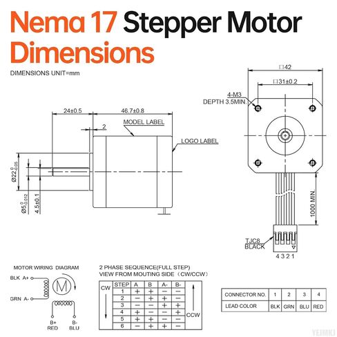 5Pack Nema 17 Stepper Motor 42x47mm 0.6Nm (84.97oz·in) 2.3A 1.6Ω | 42 Stepper Motor 1.8‌°‌ 2 Phase High Torque Shaft 24mm φ5mm 4-Wire Cable 1M for 3D Printer DIY Robot CNC Machine in Kuwait
