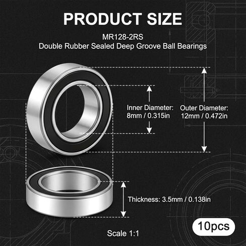 10 PCS MR128-2RS Deep Groove Ball Bearings, 8mm Inner Dia 12mm OD 3.5mm Bore Double Sealed Chrome Steel Black Seal for RC Cars/Planes/Drone/Robotics and Small Electric Motors in Kuwait