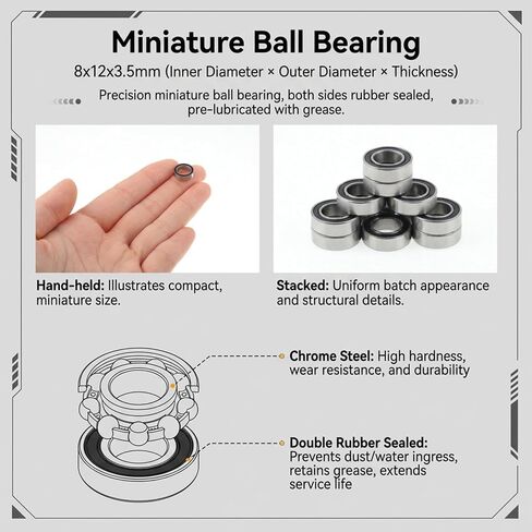 10 PCS MR128-2RS Deep Groove Ball Bearings, 8mm Inner Dia 12mm OD 3.5mm Bore Double Sealed Chrome Steel Black Seal for RC Cars/Planes/Drone/Robotics and Small Electric Motors in Kuwait