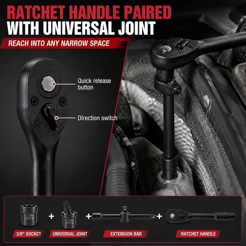 JRXCY 3/8 بوصة CR-V مجموعة مقابس الصدمات للمحرك الفولاذي، 110 قطعة قياسية SAE (5/16 إلى 3/4 بوصة) حجم متري (8-22 مم) مع مقبض سقاطة، شريط تمديد، مفصل عالمي in Kuwait