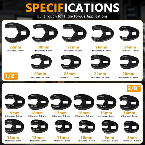 21Pcs Crows Foot Wrench Set, 1/2" and 3/8" Metric Flare Nut Wrench Kit Cr Mo Steel, Drive Flare Nut Crowfoot Wrench Set,Flare Nut Wrench Kit for Removing Nuts from hard-to-reach Areas in Kuwait