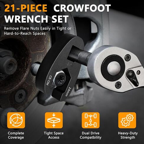 21Pcs Crows Foot Wrench Set, 1/2" and 3/8" Metric Flare Nut Wrench Kit Cr Mo Steel, Drive Flare Nut Crowfoot Wrench Set,Flare Nut Wrench Kit for Removing Nuts from hard-to-reach Areas in Kuwait