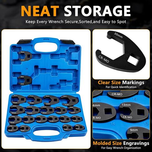 21Pcs Crows Foot Wrench Set, 1/2" and 3/8" Metric Flare Nut Wrench Kit Cr Mo Steel, Drive Flare Nut Crowfoot Wrench Set,Flare Nut Wrench Kit for Removing Nuts from hard-to-reach Areas in Kuwait