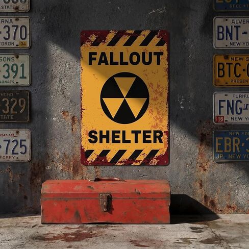 Vintage Fallout Shelter Metal Sign, Yellow and Black, Distressed Nuclear Warning Design, Retro Military Industrial Style Wall Decor in Kuwait