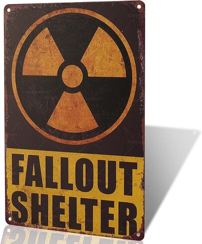 Vintage Fallout Shelter Metal Sign, Yellow and Black, Distressed Nuclear Warning Design, Retro Military Industrial Style Wall Decor in Kuwait