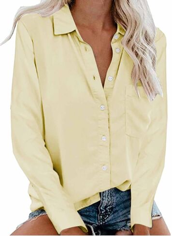 Womens V Neck Button Down Shirts Long Sleeve Collared Dress Loose fit Classic Blouses Tops Casual Work Shirt in Kuwait