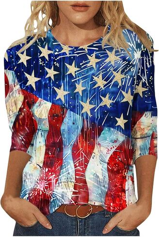 4th of July Women's Shirts 3/4 Length Sleeve Womens Tops Summer American Flag Clothing Cute Patriotic T Shirt in Kuwait
