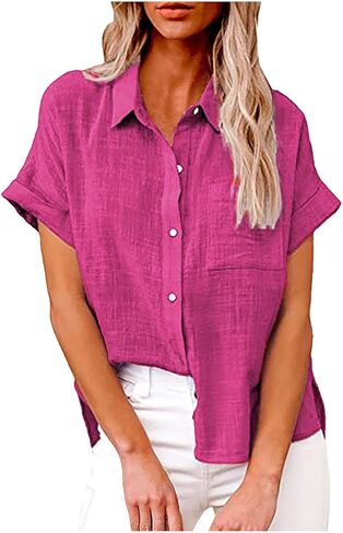 Cotton Linen V Neck Button Tops Women Short Sleeve Solid Shirts Summer Slim Fit Tops Dressy Casual Tops for Trendy in Kuwait