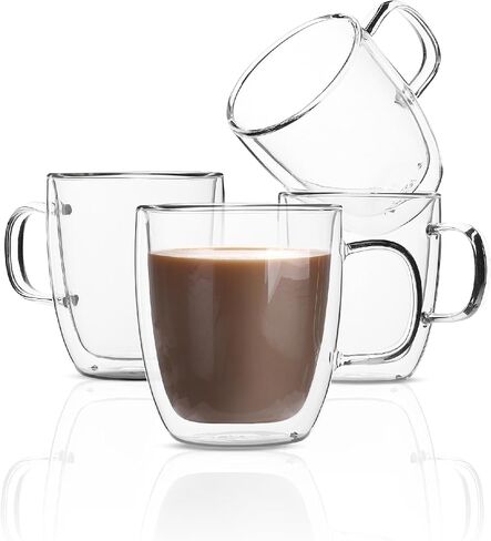 BTaT- Double Walled Glass Coffee Mugs, 12 oz, Set of 4, Glass Coffee Cups with Handle, Insulated Clear Coffee Mug for Hot Beverages, Cappuccino, Latte, Tea, Americano, Microwave & Freezer Safe in Kuwait