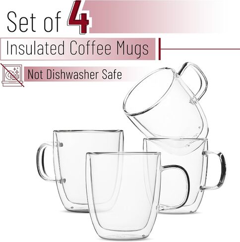BTaT- Double Walled Glass Coffee Mugs, 12 oz, Set of 4, Glass Coffee Cups with Handle, Insulated Clear Coffee Mug for Hot Beverages, Cappuccino, Latte, Tea, Americano, Microwave & Freezer Safe in Kuwait
