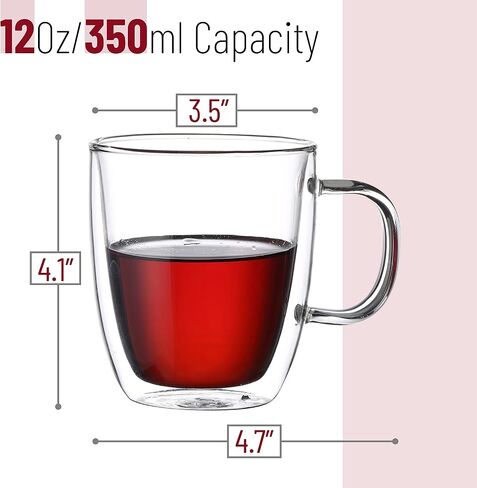 BTaT- Double Walled Glass Coffee Mugs, 12 oz, Set of 4, Glass Coffee Cups with Handle, Insulated Clear Coffee Mug for Hot Beverages, Cappuccino, Latte, Tea, Americano, Microwave & Freezer Safe in Kuwait