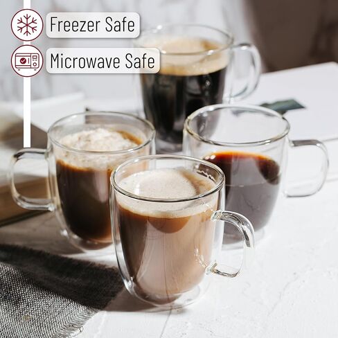 BTaT- Double Walled Glass Coffee Mugs, 12 oz, Set of 4, Glass Coffee Cups with Handle, Insulated Clear Coffee Mug for Hot Beverages, Cappuccino, Latte, Tea, Americano, Microwave & Freezer Safe in Kuwait