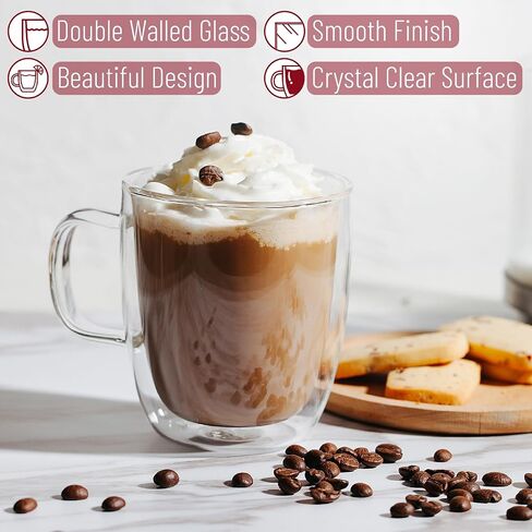 BTaT- Double Walled Glass Coffee Mugs, 12 oz, Set of 4, Glass Coffee Cups with Handle, Insulated Clear Coffee Mug for Hot Beverages, Cappuccino, Latte, Tea, Americano, Microwave & Freezer Safe in Kuwait