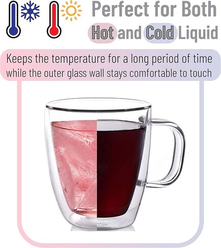 BTaT- Double Walled Glass Coffee Mugs, 12 oz, Set of 4, Glass Coffee Cups with Handle, Insulated Clear Coffee Mug for Hot Beverages, Cappuccino, Latte, Tea, Americano, Microwave & Freezer Safe in Kuwait