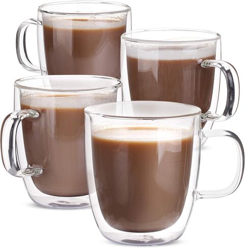 BTaT- Double Walled Glass Coffee Mugs, 12 oz, Set of 4, Glass Coffee Cups with Handle, Insulated Clear Coffee Mug for Hot Beverages, Cappuccino, Latte, Tea, Americano, Microwave & Freezer Safe in Kuwait