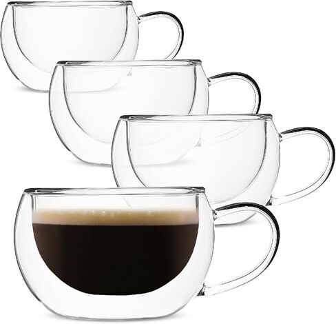 BTaT- Double Walled Glass Coffee Mugs, 12 oz, Set of 4, Glass Coffee Cups with Handle, Insulated Clear Coffee Mug for Hot Beverages, Cappuccino, Latte, Tea, Americano, Microwave & Freezer Safe in Saudi Arabia