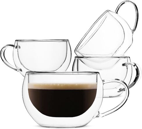 BTaT- Double Walled Glass Coffee Mugs, 12 oz, Set of 4, Glass Coffee Cups with Handle, Insulated Clear Coffee Mug for Hot Beverages, Cappuccino, Latte, Tea, Americano, Microwave & Freezer Safe in Kuwait