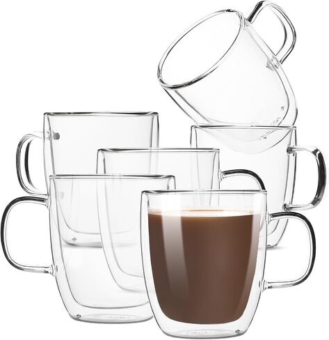 BTaT- Double Walled Glass Coffee Mugs, 12 oz, Set of 4, Glass Coffee Cups with Handle, Insulated Clear Coffee Mug for Hot Beverages, Cappuccino, Latte, Tea, Americano, Microwave & Freezer Safe in Kuwait
