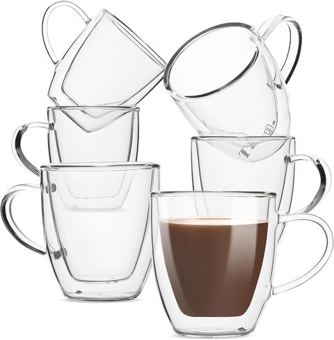 BTaT- Double Walled Glass Coffee Mugs, 12 oz, Set of 4, Glass Coffee Cups with Handle, Insulated Clear Coffee Mug for Hot Beverages, Cappuccino, Latte, Tea, Americano, Microwave & Freezer Safe in Kuwait
