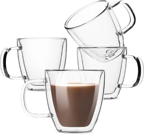 BTaT- Double Walled Glass Coffee Mugs, 12 oz, Set of 4, Glass Coffee Cups with Handle, Insulated Clear Coffee Mug for Hot Beverages, Cappuccino, Latte, Tea, Americano, Microwave & Freezer Safe in Kuwait