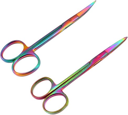 Set of 2 Multi Titanium Rainbow Color Scissors 4.5 inch Straight & curved Iris Micro handle Fine Point Dental Gum Scissors Stainless Steel Size 4.5" in Kuwait