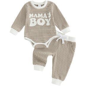 Mamas Boy Baby Clothes Embroidered Long Sleeve Romper Waffle Ribbed Pants Set Baby Fall Winter Outfit in Saudi Arabia