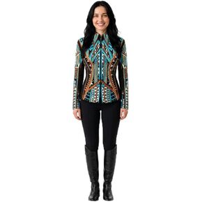 Women’s White & Teal Western Show Jacket – Intricate Crystal Studded Horsemanship Coat – Luxury Equestrian Competition Wear in Kuwait