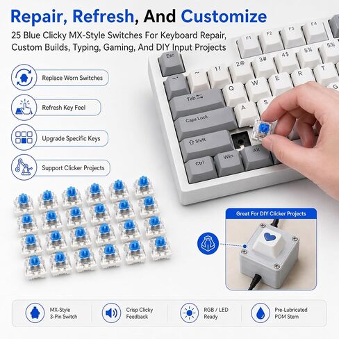 25 مفتاح لوحة مفاتيح ميكانيكية Clicky Blue مكونة من 3 سنون، ومفاتيح RGB مشحمة مسبقًا ومتوافقة مع MX للإصلاح، والإنشاءات المخصصة، والكتابة، والألعاب، ومشاريع النقر المطبوعة ثلاثية الأبعاد in Kuwait
