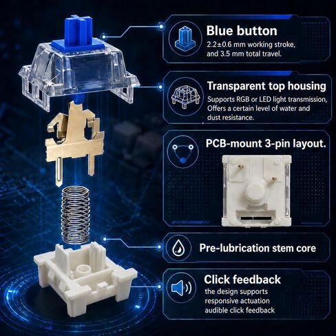 25 مفتاح لوحة مفاتيح ميكانيكية Clicky Blue مكونة من 3 سنون، ومفاتيح RGB مشحمة مسبقًا ومتوافقة مع MX للإصلاح، والإنشاءات المخصصة، والكتابة، والألعاب، ومشاريع النقر المطبوعة ثلاثية الأبعاد in Kuwait