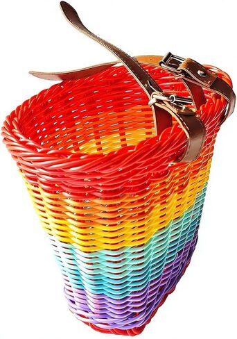 Waterproof Kids Bike Basket Front - Bicycle Accessories Handwoven Plastic Bicycle Basket with PU Straps Fits 12-16" Bikes, Scooter, Tricycles, Scooters, 8x6x6 inch Gift for Girls Boys in Kuwait