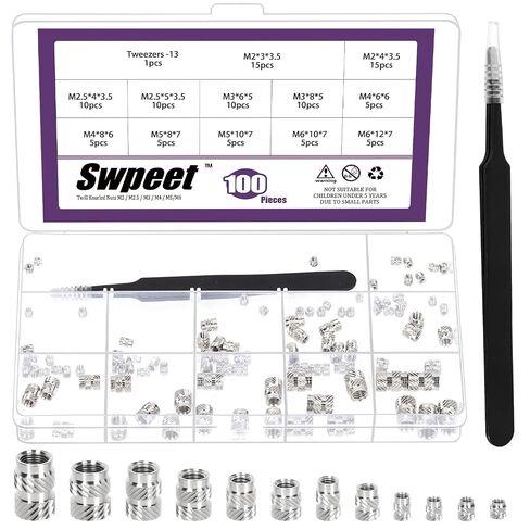 Swpeet 101 قطعة 12 مقاس M2 M2.5 M3 M4 M5 M6 303 مجموعة متنوعة من الفولاذ المقاوم للصدأ، صواميل مخرشة بخيط أنثى، إدراج مجموعة الحرارة، صواميل التضمين للطباعة ثلاثية الأبعاد حقن هيدروليكي ملحوم in Kuwait