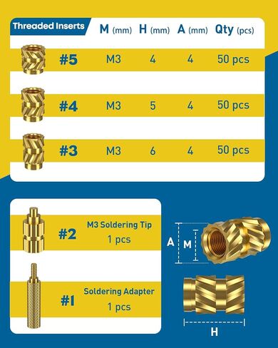 152 Pcs Threaded Inserts for Plastic, 3 Sizes of M3 Heat Set Inserts with Soldering Tip & Adapter, Brass Heat Inserts, Metric Knurled Nut Inserts Kit for 3D Printing Components in Kuwait