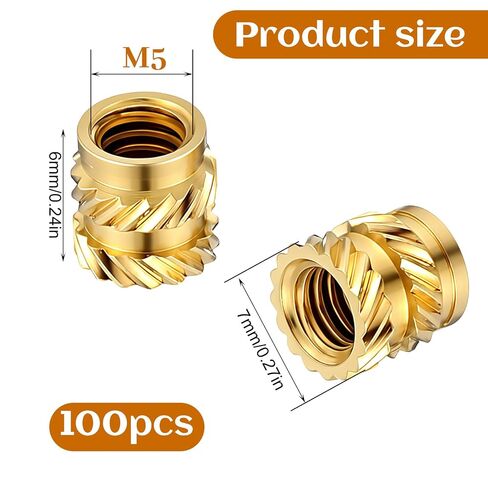 M5 Threaded Insert, 100 Pieces M5 Heat Set Inserts, M5xD7xL6 Threaded Inserts for 3D Printing Components and Plastic Parts, Brass Metric Knurled Nuts in Kuwait
