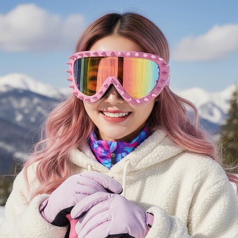 Vintage Oversized Rivet Ski Goggles Snow Goggles Luxury Snowboard Goggles for Men Women Colorful Lens (Pink/Pink Silver) in Kuwait