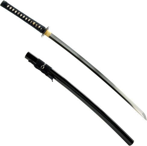 Hand Forged 1045 Heat-Tempered Katana, Full Tang Battle Ready Sword | hand-sharpened for tameshigiri, wavy temper, select folded Damascus, bo-hi groove, artisan tsuba, lacquered saya in Kuwait
