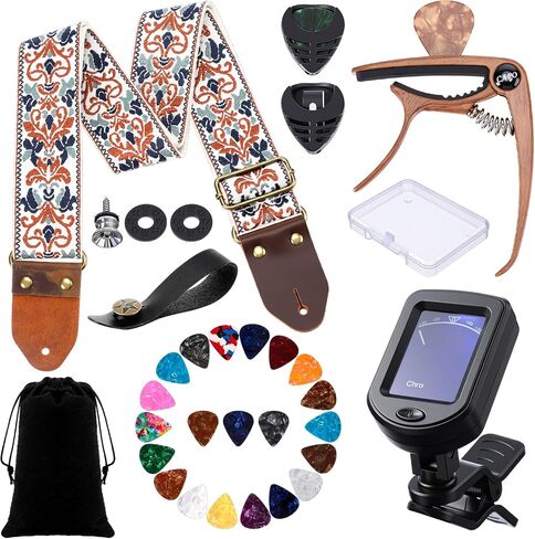 31 pcs Guitar Accessories Kit Acoustic Changing Tool Including Guitar Strap Capo Tuner Picks Holder and Storage Ideal Music Gifts for Men Women Player Beginners and Pros(Golden Jacquard) in Kuwait
