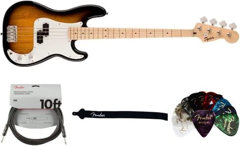 Squier Squier Sonic Precision Bass, 2-Color Sunburst, Maple Fingerboard Bundle with Fender Classic Guitar Picks 12-Pack, 10ft Series Instrument Cable Black, Logo Guitar Strap 2in Black with White in Kuwait