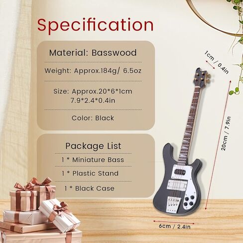 20cm Black Miniature Bass Guitar Replica, 1:4 Scale Instrument Model Ornament for Music Lovers Gift, Home Decor Display with Stand and Case in Kuwait