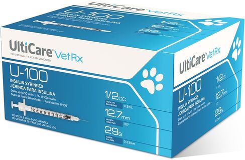 محاقن أنسولين الحيوانات الأليفة من UltiCare VetRx U-100 1/2cc - 1/2cc، 29G x 1/2 بوصة، 100 قيراط، جرعات مريحة ودقيقة، متوافقة مع أي أنسولين بقوة U-100 in Kuwait