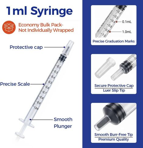 100 Pack 1ml Syringes with Caps 1cc Plastic Small Syringes without Needle, Non-Sterile, for Liquid, Oral, Colostrum in Kuwait