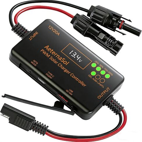PWM Solar Charge Controller 12V 20A Solar Panel with LCD Display Charge Controller for Gel AGM Lithium LiFePO4 Batteries Charge Controllers Compatible with Type-c and USB（12v/20A） in Saudi Arabia