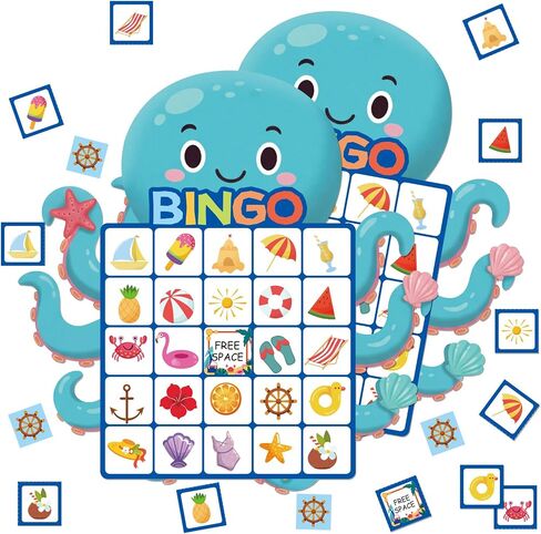YQUQWN 24Pcs Summer Bingo Game, 24 Players Octopu Design Bingo Cards Pool Party Bingo Game for Adults for Hawaiian Beach Favors School Party Games Kids Supplies Activity School Classroom Party in Kuwait