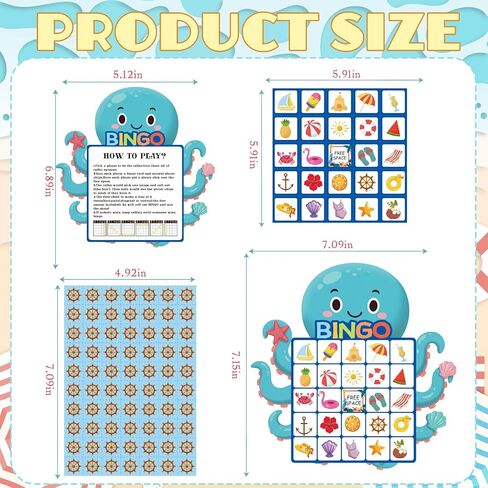 YQUQWN 24Pcs Summer Bingo Game, 24 Players Octopu Design Bingo Cards Pool Party Bingo Game for Adults for Hawaiian Beach Favors School Party Games Kids Supplies Activity School Classroom Party in Kuwait