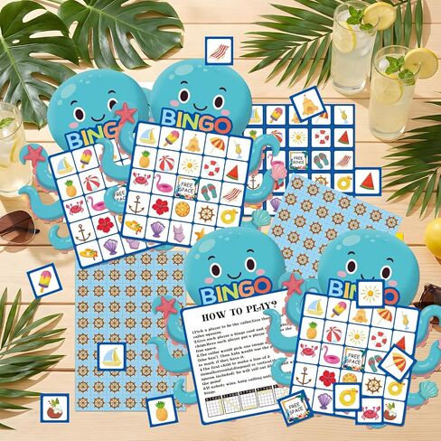 YQUQWN 24Pcs Summer Bingo Game, 24 Players Octopu Design Bingo Cards Pool Party Bingo Game for Adults for Hawaiian Beach Favors School Party Games Kids Supplies Activity School Classroom Party in Kuwait