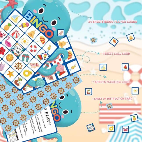 YQUQWN 24Pcs Summer Bingo Game, 24 Players Octopu Design Bingo Cards Pool Party Bingo Game for Adults for Hawaiian Beach Favors School Party Games Kids Supplies Activity School Classroom Party in Kuwait