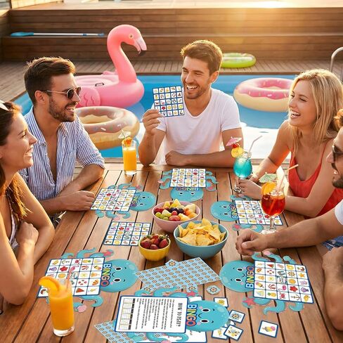 YQUQWN 24Pcs Summer Bingo Game, 24 Players Octopu Design Bingo Cards Pool Party Bingo Game for Adults for Hawaiian Beach Favors School Party Games Kids Supplies Activity School Classroom Party in Kuwait