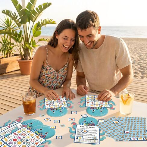 YQUQWN 24Pcs Summer Bingo Game, 24 Players Octopu Design Bingo Cards Pool Party Bingo Game for Adults for Hawaiian Beach Favors School Party Games Kids Supplies Activity School Classroom Party in Kuwait