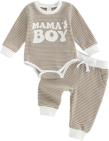 Mamas Boy Baby Clothes Embroidered Long Sleeve Romper Waffle Ribbed Pants Set Baby Fall Winter Outfit in Saudi Arabia